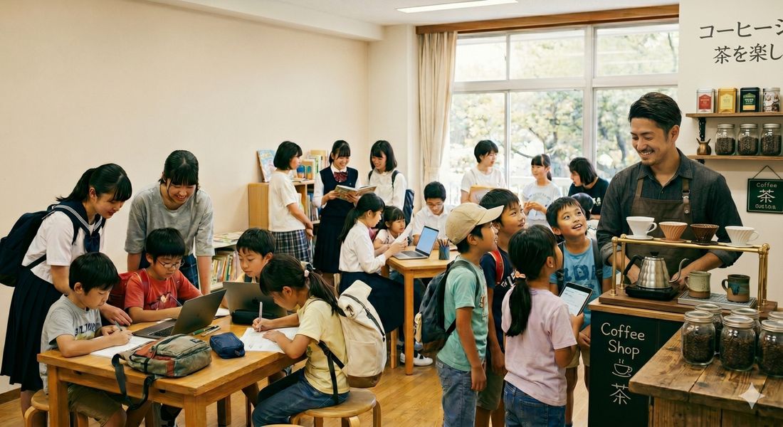 こどもカフェのイメージ：学習スペースとカフェコーナーで過ごすこどもたち