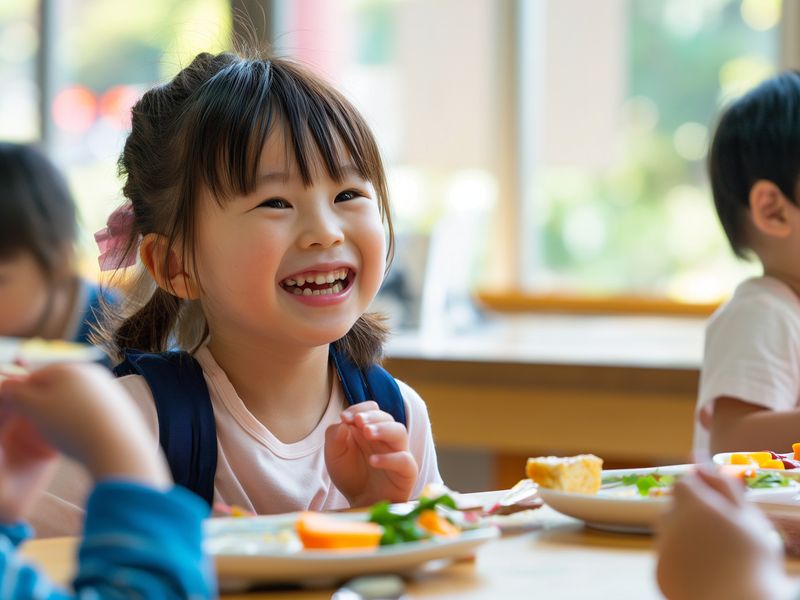 食卓で友だちと笑い合うこども(イメージ)